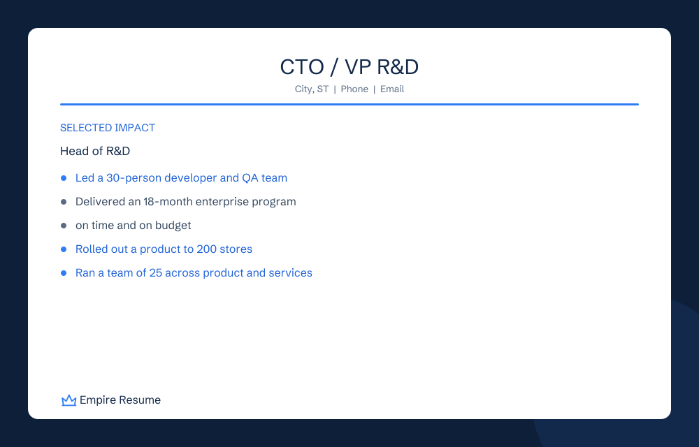 Empire Resume branded preview of the anonymized CTO/VP R&D resume