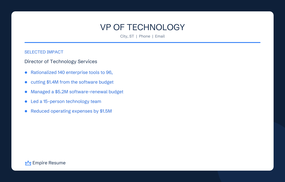Empire Resume branded preview of the anonymized VP of Technology resume
